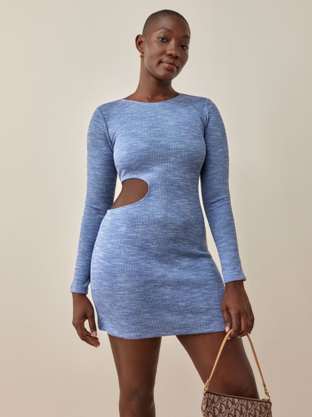 NWT Reformation Tracey Blue Ribbed Knit Long-Sleeve Cutout Mini Dress